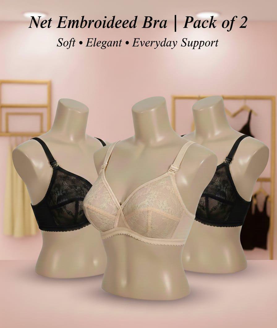 2-Piece Set: Net Embroidered Transparent Cotton Bras (Non-Padded, Non-Wired)