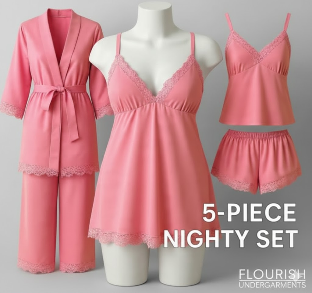 Luxury 5 Piece Women’s Nighty & Loungewear Set – Complete Sleepwear Collection