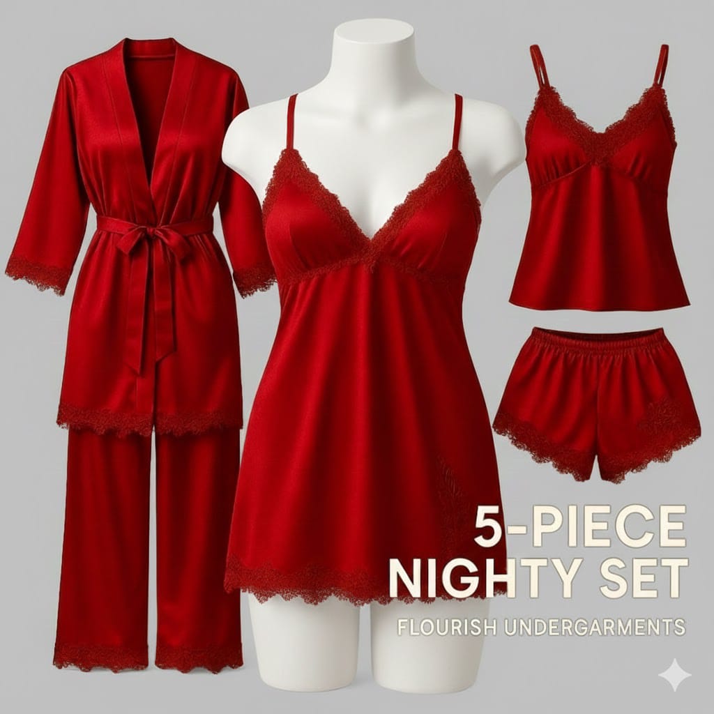Luxury 5 Piece Women’s Nighty & Loungewear Set – Complete Sleepwear Collection