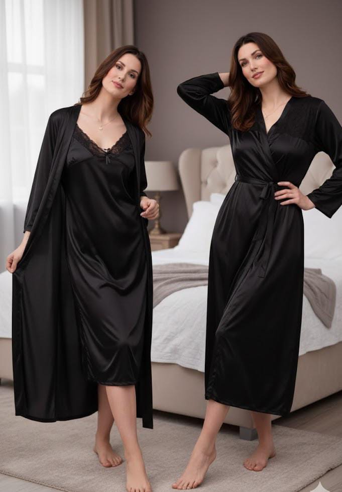 Women’s 2 Piece Silk Nighty Set | Soft, Comfortable Nightwear – Free Size