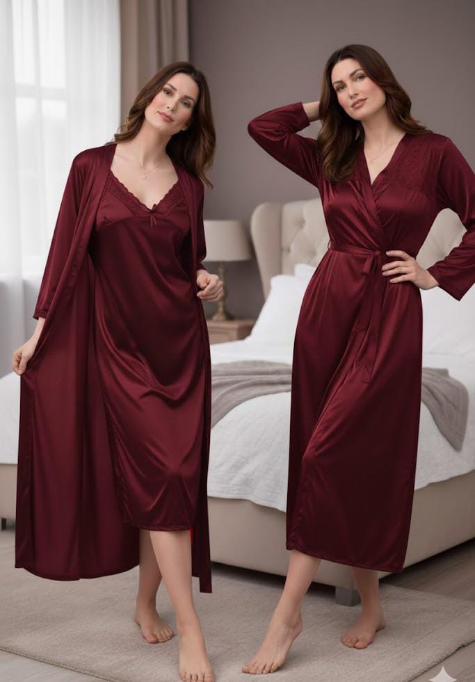 Women’s 2 Piece Silk Nighty Set | Soft, Comfortable Nightwear – Free Size