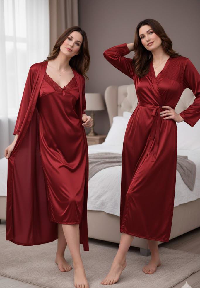 Women’s 2 Piece Silk Nighty Set | Soft, Comfortable Nightwear – Free Size
